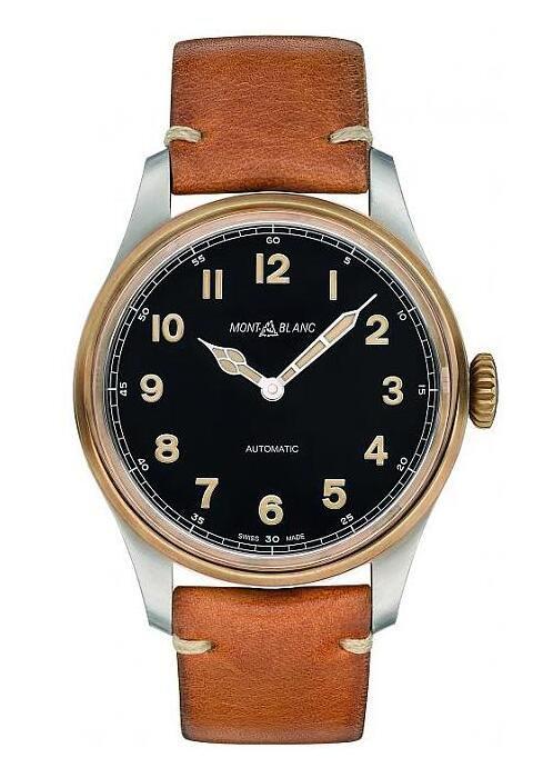 Montblanc 1858系列自动上链腕表，黑色表盘整洁大方，可以在十二点钟位置看到Montblanc的历史经典标识