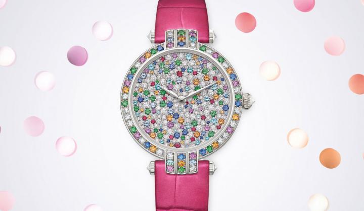 Premier系列Winston Candy 31毫米自动腕表共镶有八种宝石，如同彩色纸片铺满面盘，满足女性对甜美糖果的渴望