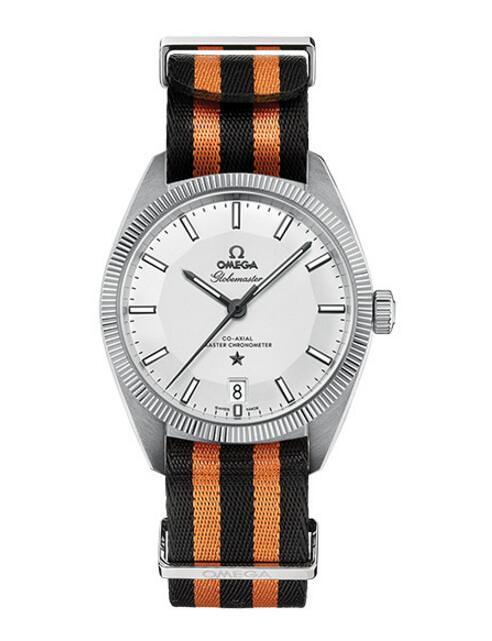 欧米茄星座系列尊霸腕表搭配黑橙相间5条纹尼龙表带