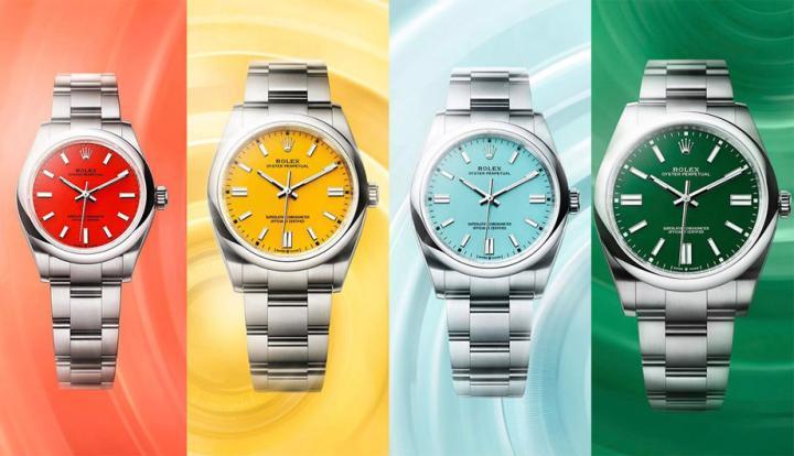 Oyster Perpetual系列近期改款最明显的变化就是部分尺寸采用了彩色漆面，让手表看起来更有活力也更有视觉魅力