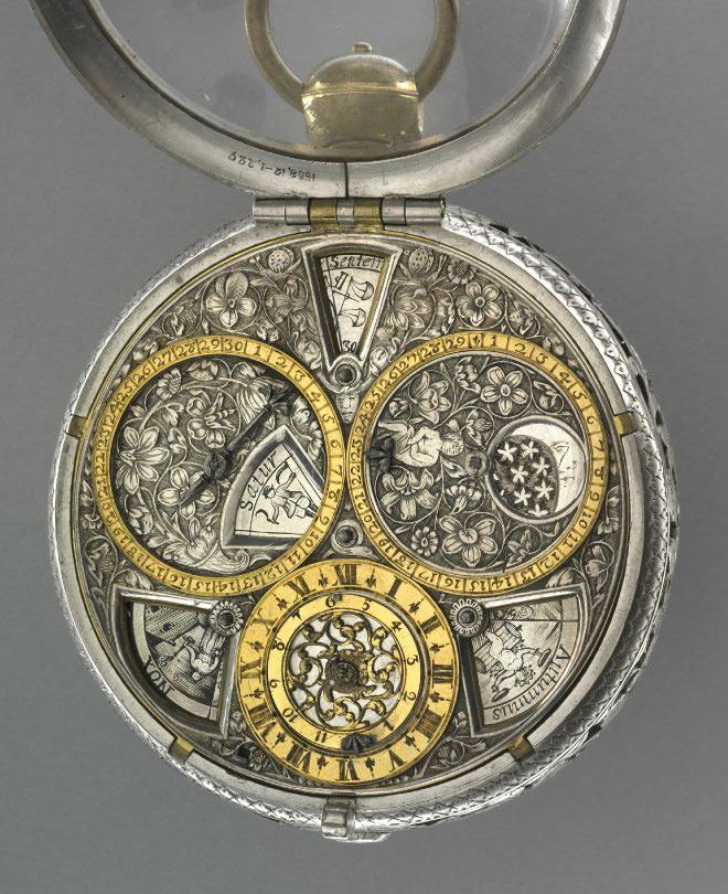 法国制表人 Jean-Baptiste Dutertre于1645年到1655年研发的银色表盘马车表，具有时间、闹钟、月相和日历显示功能。