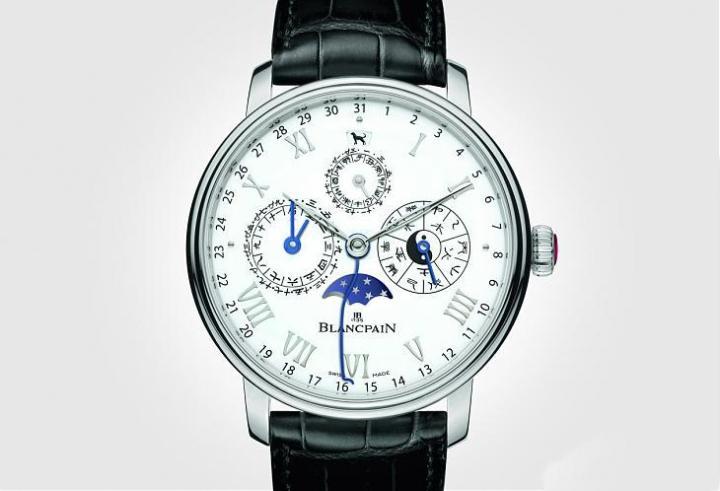 宝铂Villeret经典系列中华年历限量版「吉犬」腕表，面盘12点位置的生肖视窗2018年将显示生肖狗图案