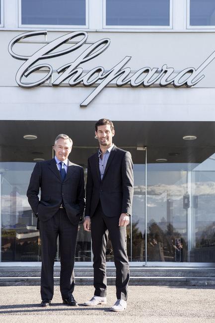 萧邦的新任品牌大使Mark Webber（右）与萧邦联合总裁Karl-Friedrich Scheufele