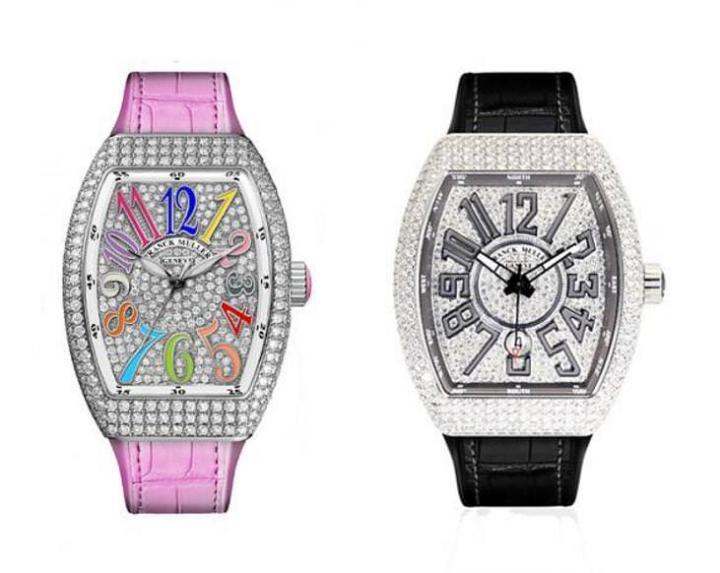 （左）FRANCK MULLER Vanguard Automatic 白金钻石腕錶RMB 495,000 （右）FRANCK MULLER Vanguard Lady 白金钻石腕錶RMB 268,000