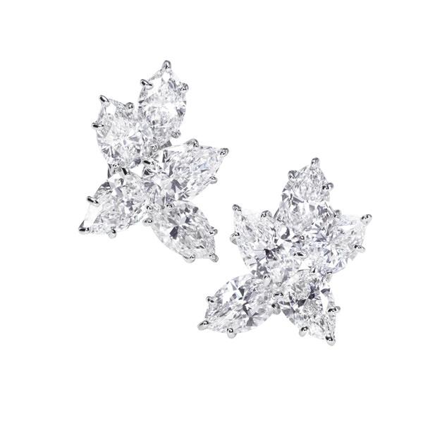 海瑞温斯经典锦簇Winston Cluster系列钻石耳环 总重约16.49克拉，悉心镶嵌于铂金底座