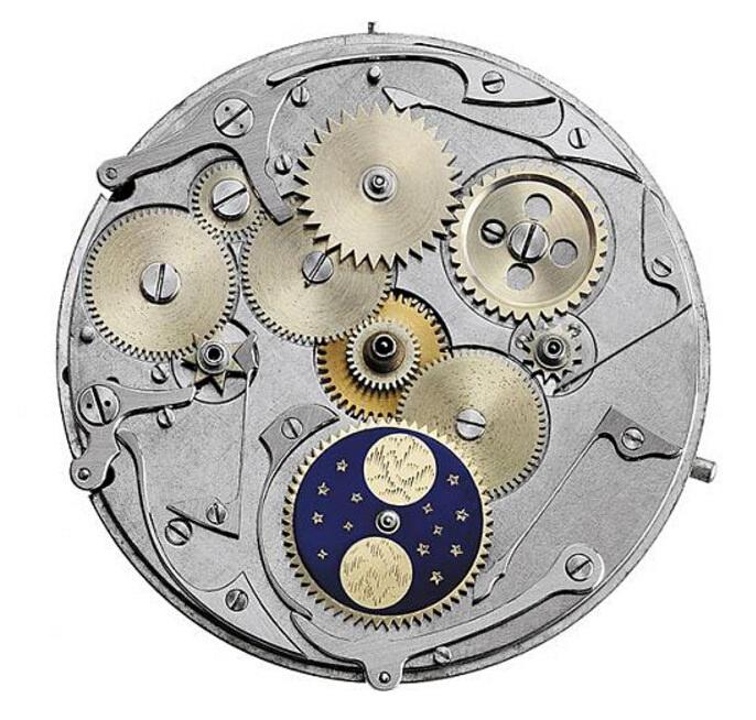 Calibre 13VZAQ机芯表盘面视图，月相盘采用珐琅和实金材质