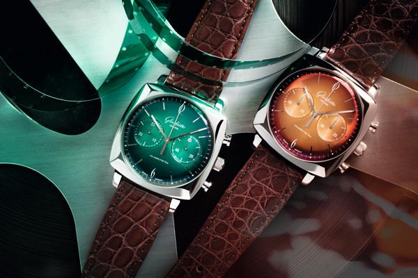 格拉苏蒂原创鎏金六零年代森绿腕表和橘橙腕表