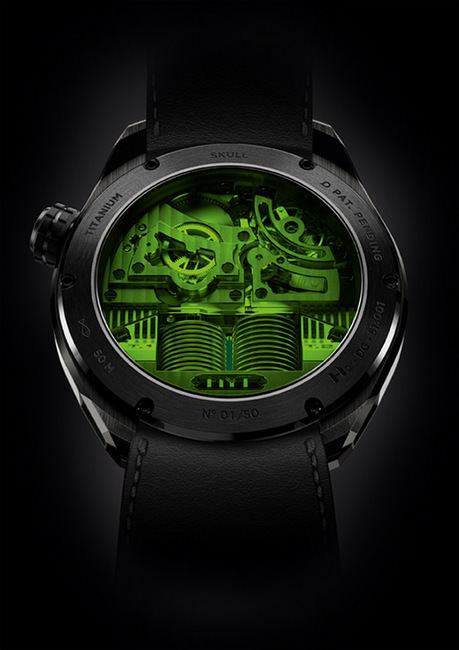 Skull Green Eye腕表搭载手动上弦机芯，HYT独有机芯构造