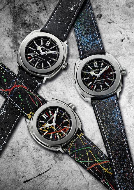 格里为尚维沙所设计的三款「Graphiscope」限量版腕表，每一块腕表的表盘和表链都呈现出都与众不同的颜料飞溅效果