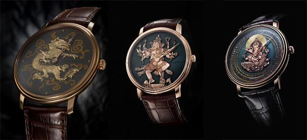 （左）宝珀Villeret经典系列（中）大马士革镶金工艺龙纹腕表（右）宝珀两款赤铜工艺象头神腕表