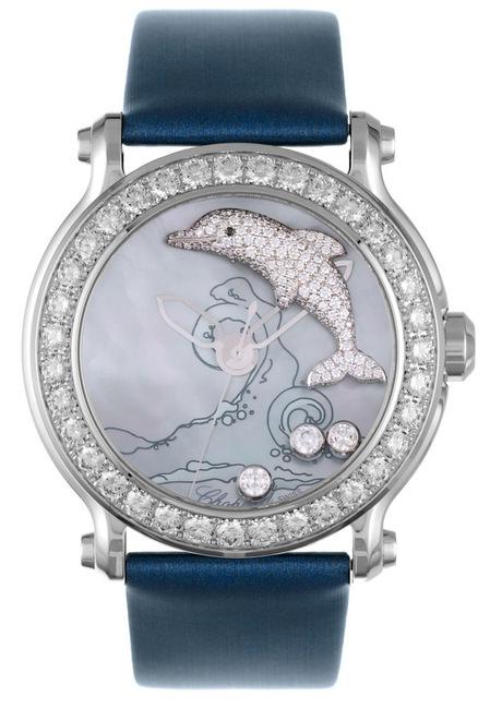 萧邦动物世界系列海豚腕表18K白金镶嵌187颗白钻与1颗黑钻，华美独特