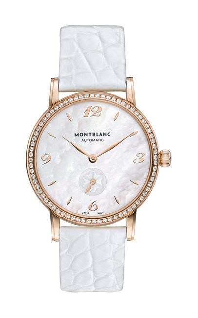  MONTBLANC Star Classique系列玫瑰金镶钻女仕自动腕表，白色系的设计高雅大方