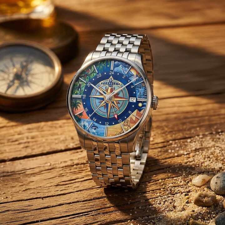 Weekend GMT Atlas 的面盘由 IFL WATCHES 艺术家逐一手绘，将中央罗盘玫瑰、蓝色 GMT 刻度环与环绕四周的世界景观自然融为一体。
