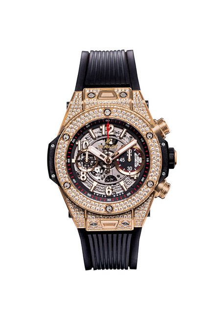 HUBLOT Big Bang UNICO King Gold Pavé 哑光黑漆镂空表盘，计时表盘外环镀5N红金展现细致的制表工艺