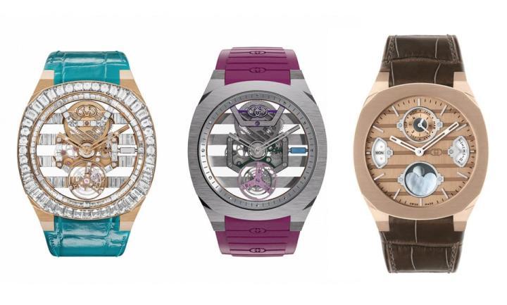 （左起）25H玫瑰金镶钻手表。25H白金手表搭配紫色橡胶表带。25H玫瑰金万年历。