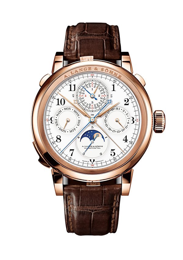 朗格（A. Lange & Söhne）GrandComplication腕表，空前集合多项复杂功能，可作大自鸣和小自鸣的鸣响装置、三问报时装置、附积分盘和1/5跳秒的双追针计时码表，以及附月相显示的万年历。
