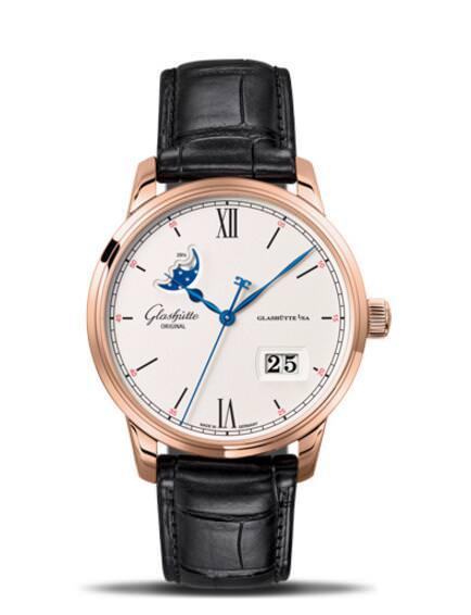 Senator Excellence Panorama Date Moon Phase 18K玫瑰金材质／36-04自动上链机芯／时、分、秒、大日期显示／ 月相显示／蓝宝石水晶镜面、透明底盖／防水50米／表径40mm