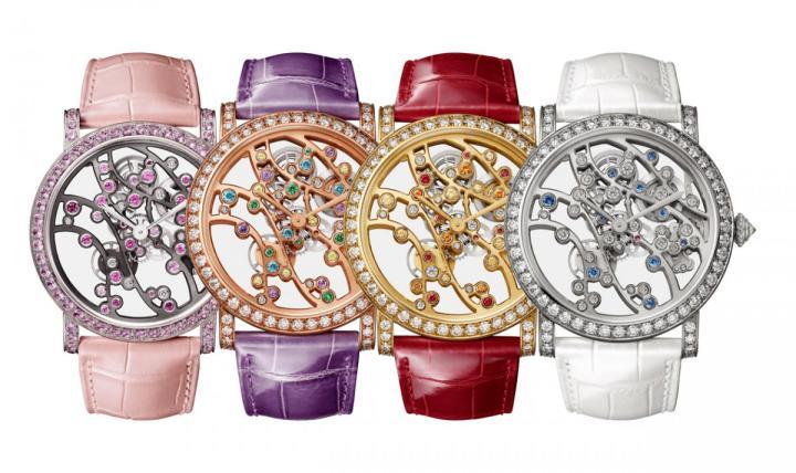 卡地亚新作Jardins Japonais系列以日本庭园的四季景致为主题，透过不同表壳材质、宝石镶嵌的装饰，呈现每个季节独特的样貌