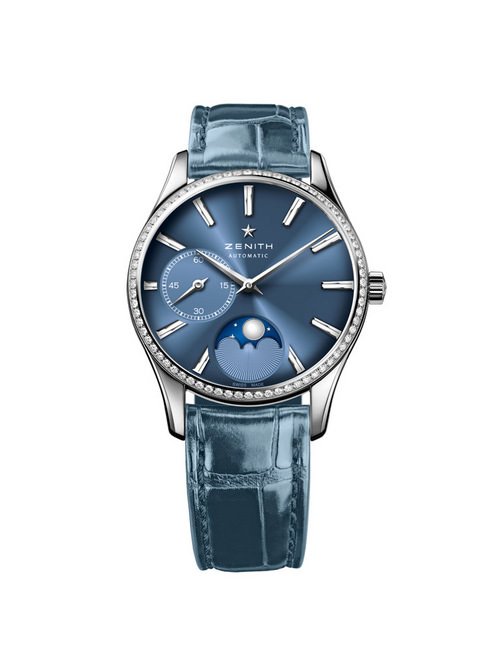 真力时指挥官系列超薄月相女装腕表搭载Elite超薄机芯結合现代风格的冰蓝色表盘，隽永迷人