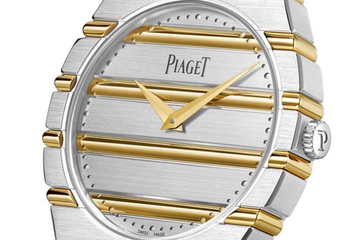 ▲面盘呼应表壳水平条纹设计，白金与黄金交织，配黄金太妃指针，呈现无缝一体感。