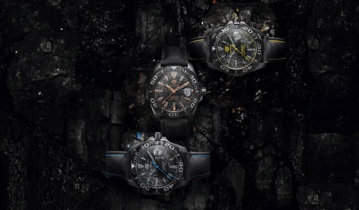 TAG HEUER潜水表Aquaracer近期推出新材质款式，品牌以钛金属搭配碳纤维材质表圈，呈现出一派科技前卫风格