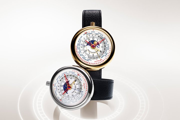 表盘中呈现铁道式刻度、日期显示、GMT 与世界时间功能 – 以黄金或白金打造的 40 毫米大小 LV I 采用颠覆传统的无表耳鹅卵石圆弧造型。