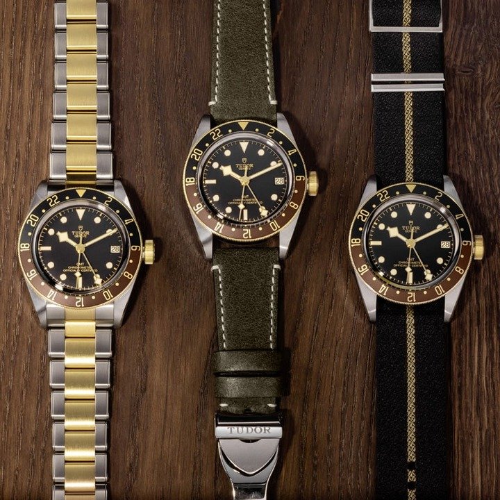 Black Bay GMT S&G一如前作，分别有炼带、皮带与织纹表带等三种版本可选。
