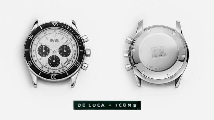El Primero “De Luca”计时码表：1988年～1996年间出产，外观特色在于始终采用缎面打磨侧面链节、搭配中央抛光链节的三链节链带
