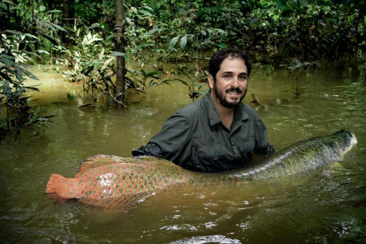 祖奥·坎波斯·席尔瓦抱着一只中型的巨骨舌鱼，其体重约60公斤，此种鱼类最重可达200公斤