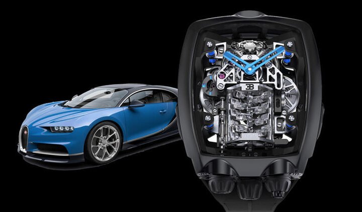 JACOB & CO.与BUGATTI联手推出双方的第三代手表作品——Chiron Tourbillon，将后者着名的极速超跑融入手表的整体设计中