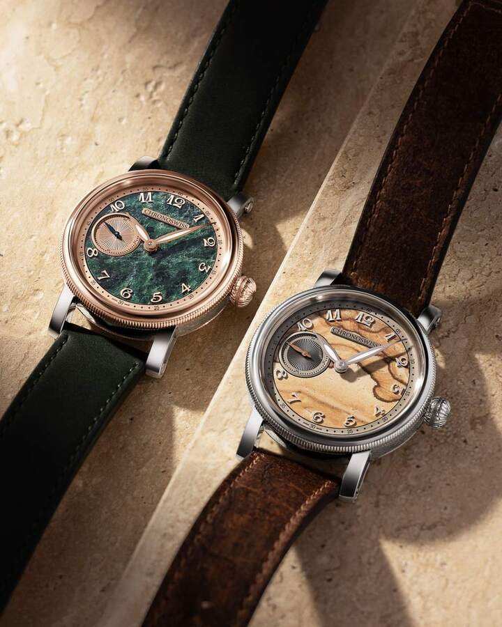 Chronoswiss 全新 Small Second 矿石表盘腕表，左为来自瑞士阿尔卑斯山的翠绿蛇纹石款，右为取自德国原石的暖棕碧玉款，各限量发行 50 只。
