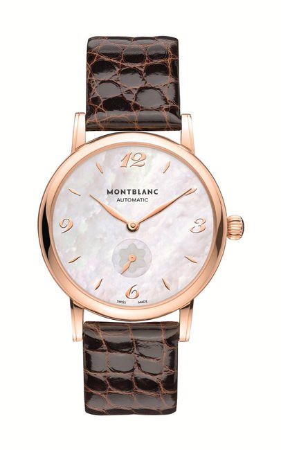  MONTBLANC Star Classique系列玫瑰金女仕自动腕表白色表盘搭配棕色鳄鱼皮带优雅而经典