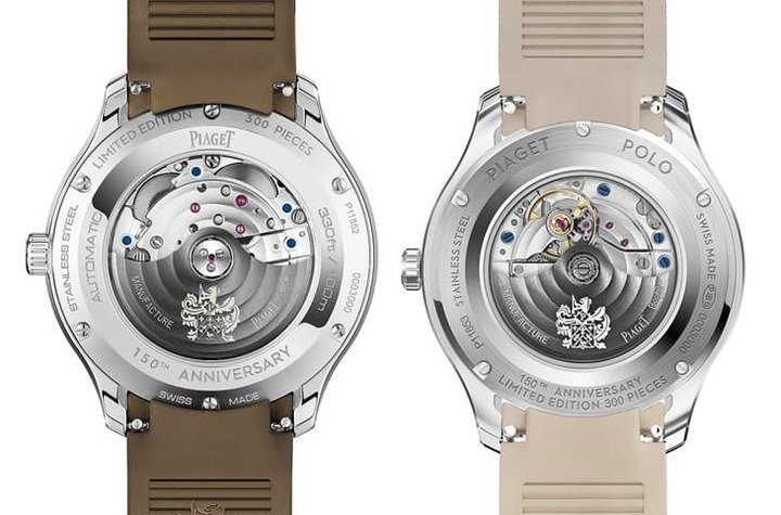 两种尺寸的Piaget Polo 150周年纪念表皆搭载自动机芯，在透明底盖下可以一窥机芯的精致打磨作工。