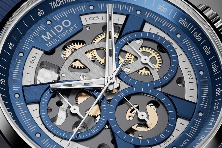 Multifort Skeleton Chronograph镂空设计大胆展露内部运作细节，三个计盘分别测量60秒、30分钟与12小时，展现绝对的功能性与机械魅力。