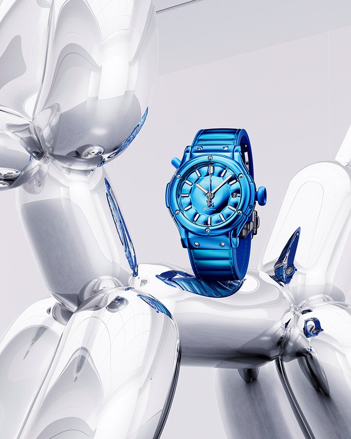 瑞士顶级制表品牌 HUBLOT 宇舶表全新推出由 Jeff Koons 亲自设计的经典融合系列气球狗腕表，将《气球狗》圆润饱满的轮廓与标志性的 "充气美学" 融入经典融合系列。