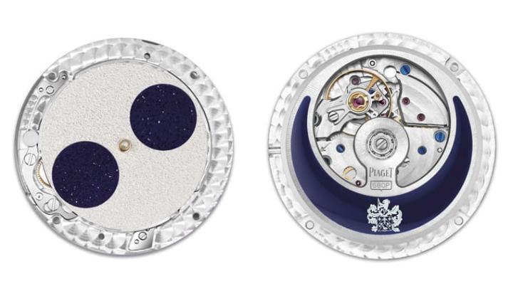 手表搭载580P机芯其月相盘为砂金石材质，自动盘则涂上蓝色亮漆正反呼应。