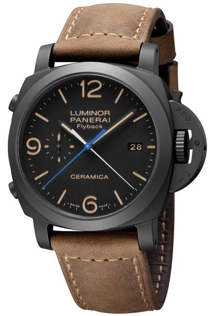 LUMINOR 1950 3 DAYS CHRONO FLYBACK AUTOMATIC CERAMICA 44毫米3日动力储存飞返计时自动陶瓷腕表黑色表盘，搭配夜光阿拉伯数字及时标