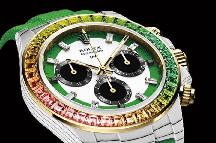 DiW打造出表圈镶有绿色调彩色宝石组合的Daytona改表，手表名为”Wild Green”，由宝石串连的色彩层次效果的确让人有“狂野”的感受。Source：Designa Individual Watches