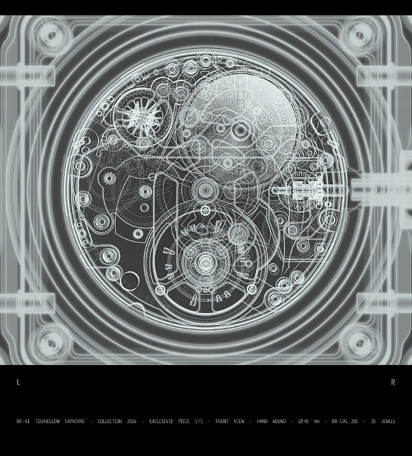 Bell & Ross BR-X1蓝宝石陀飞轮腕表在X光下照射下的效果图
