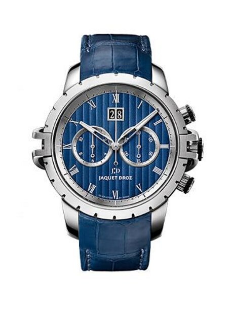 运动计时码表 SW Chrono J029530201，蓝色日内瓦条纹表盘；精钢表壳；动力储存约40小时，9时位置设小时计时盘；3时位置设分钟计时盘，12时位置设大日历窗口；直径45毫米