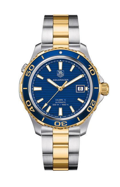 TAG HEUER Aquaracer竞潜 500M Calibre 5 自动腕表蓝色陶瓷表圈，湛蓝优雅从容大器的风格。建议售价 RMB$ 27,100元