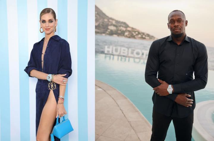 宇舶品牌大使时尚网红Chiara Ferragni（左）和“牙买加闪电”Usain Bolt（右）出席夏日时光主题派对，并戴上了Big Bang Unico天空蓝计时码表。