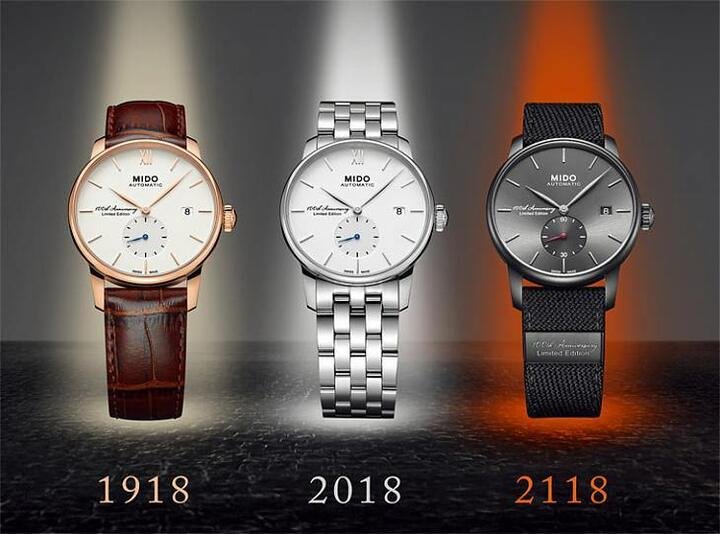 男款作为百年Baroncelli Trilogy永恒系列三部曲的序曲腕表，以1918年MIDO美度表的初创之年特别呈现，通过以「过去–现在–未来」为主题的Baroncelli Trilogy永恒系列三部曲限量