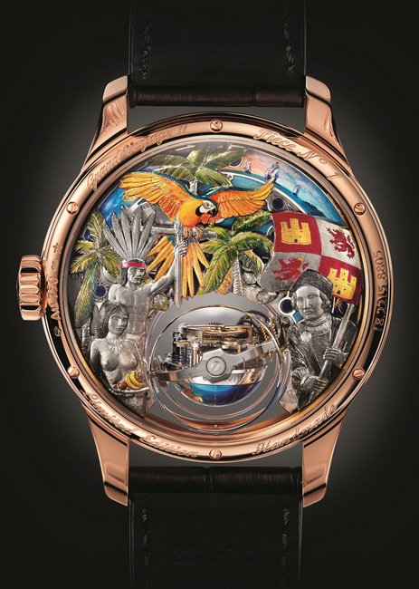 Academy Christophe Colomb Hurricane Grand Voyage II 腕表细腻的手工镌刻及层次鲜明的色彩，重现哥伦布发现新大陆的壮举