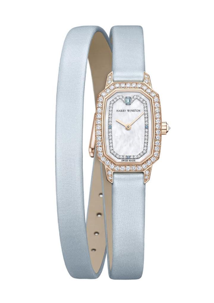 印记Emerald系列玫瑰金双圈表带腕表，面盘镶海水蓝宝。