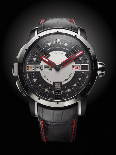 CHRISTOPHE CLARET Poker，白金黑色PVD处理的5级钛金属表款，镶嵌橘红宝石以及黑色PVD指针限量发行20枚