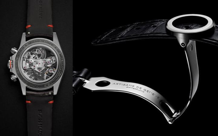 品牌帮Häkkinen专程制作可供替换的皮表带，表带缝线采用橘色并搭配特制的折叠扣