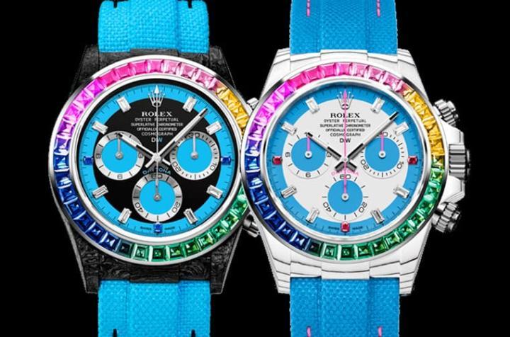 左边为DiW 2022年先发表的Daytona “Rainbow Blue”，与2023年这款Rainbow S外观似曾相识。Source：Designa Individual Watches