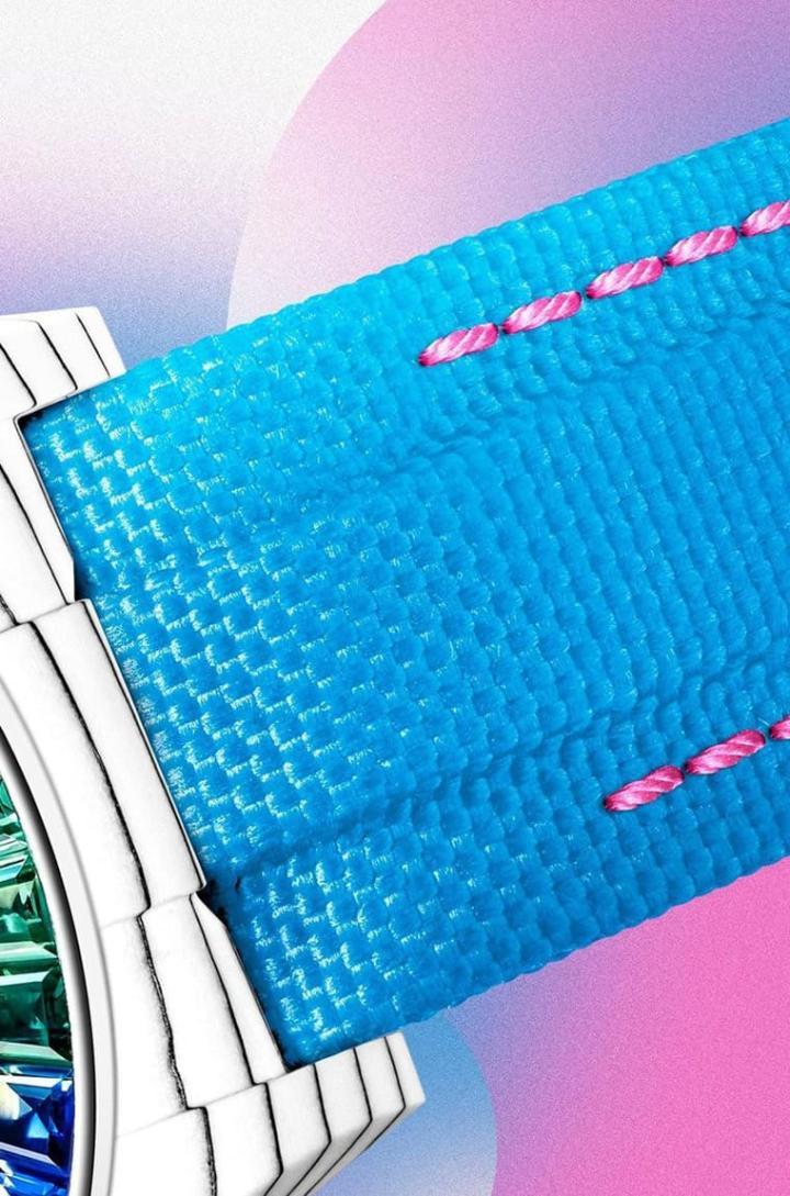 “Miami Blue”色表带搭配桃红色缝线，散发宜人的活力风情。Source：Designa Individual Watches