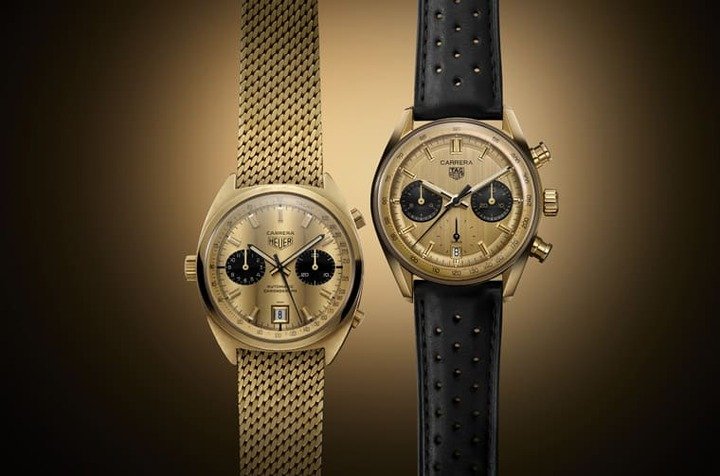 图左为Carrera Chronograph黄金计时码表的参考蓝本，新旧作之间既神似却也各有专属彼此的细节设计。